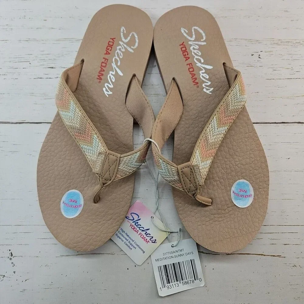 Skechers Meditation Sunny Days Size 10 Woven Flip Flop‎ Sandals Tan Yoga Foam